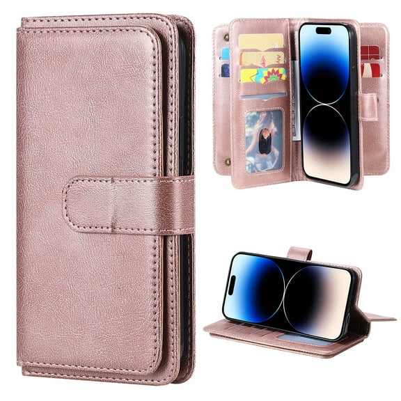 for iPhone 16 Pro Case, Heavy Duty Protection Wallet with Magnetic Case, 10 Card Slots, 2 in 1 Folio Flip Premium PU Leather Wallet Kickstand Case for iPhone 16 Pro - Rosegold