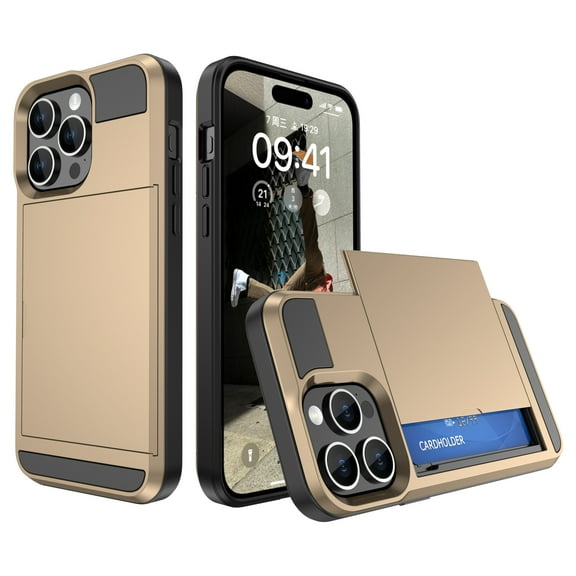 For iPhone 16 Pro Case with ID Credit Card Holder, Dual Layer Shockproof Hidden Sliding Card Slot Wallet Anti-Scratch Hard Shell Rugged Back Cover Slim Phone Case,Gold