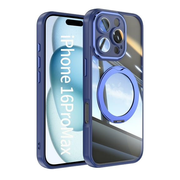 for iPhone 16 Pro Case with Integrated Lens Protector, [Foldable Stand & Rotatable Ring Holder], Glossy Shockproof Bumper Dustproof Clear Women Men Case for iPhone 16 Pro, Blue