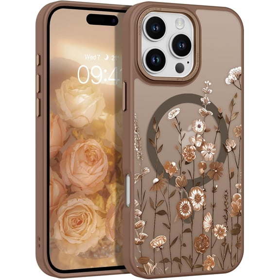 for iPhone 16 Pro Case, Magnetic Cases Cute 3D Flower Pattern Translucent Matte Back Anti-Scratch Slim Shockproof Protective Phone Case for iPhone 16 Pro 6.3'', Brown