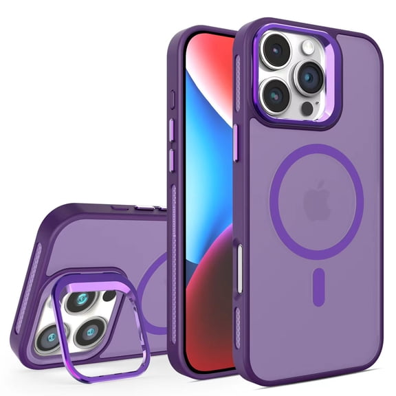 For iPhone 16 Pro Case Magnetic, [Compatible with Magsafe] Matte Translucent [Camera Lens Kickstand] Shockproof Drop Protection Bumper Rugged Phone Case for Apple iPhone 16 Pro, Darkpurple