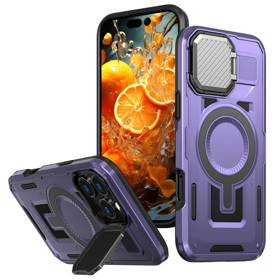 for iPhone 16 Pro Case with Metal Camera Cover Kickstand, Compatible with MagSafe Military-Grade Protection Heavy Duty Magnetic Anti-Fall Rugged Phone Cover for iPhone 16 Pro, Purple
