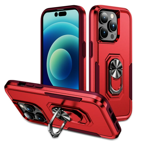 for iPhone 16 Pro Case Protective Cover,Heavy Duty Military Grade Hard Protection Shock Proof Grip | Durable Dual-Layer Design Phone Case with Built-in 360 Ring Holder Kickstand,Red+Rose