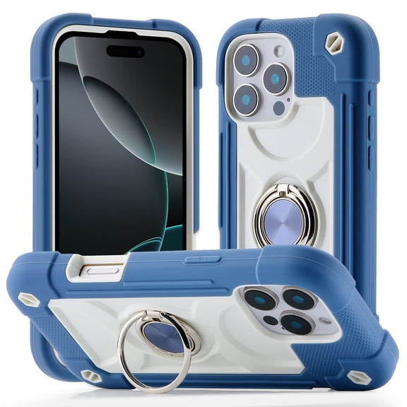 for iPhone 16 Pro Case with Ring Stand, Heavy Duty Military Grade Rugged Shockproof Silicone Rubber Magnetic Kickstand Holder Case for Women Girls For iPhone 16 Pro, Darkblue+White