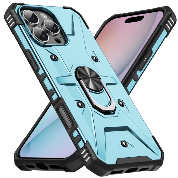 for iPhone 16 Pro Case with Rotated Ring Holder Kickstand, [Military-Grade Drop Protection] Rugged Heavy Duty Protective Phone Case for iPhone 16 Pro Support Car Mount, Lightblue