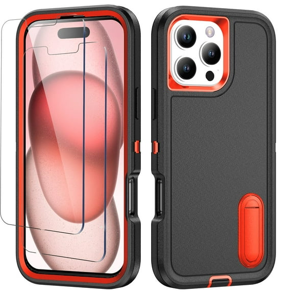 For iPhone 16 Pro Case With Screen Protector(2pcs) Military Grade Dual Layer Shockproof Phone Case Build With Kickstand Dustproof Drop Proof Protective Cover for iPhone 16 Pro 6.3"(Black/Orange)