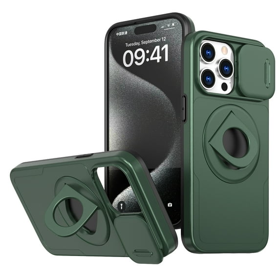 for iPhone 16 Pro Case with Sliding Camera Cover, Compatible with MagSafe Built-in 360° Rotatable Invisible Kickstand Military Grade Shockproof Protective Magnetic Phone Case, Darkgreen