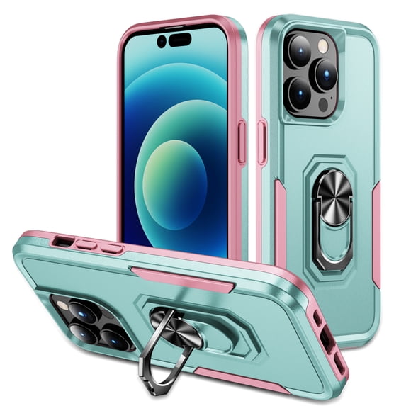 for iPhone 16 Pro Case, Slim Fit Military Grade Drop Tested Dual Layer Shockproof Case with 360 Ring Holder Kickstand Protective Rugged Car Magnetic Non-Slip Phone Case,Green+Pink