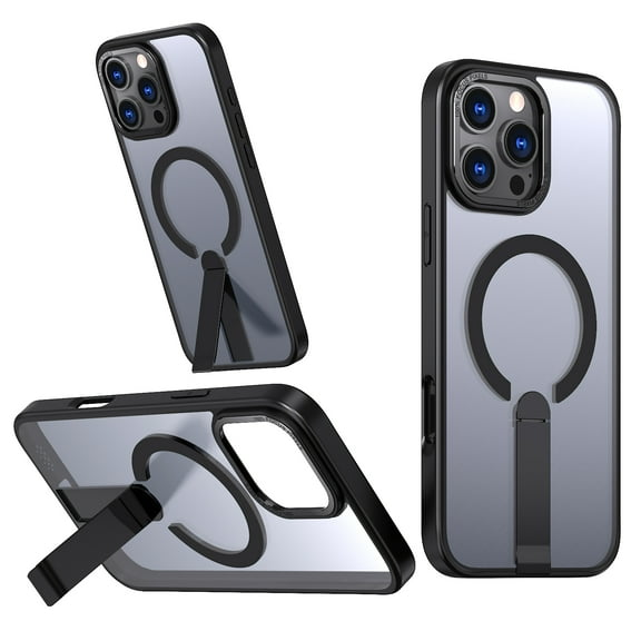 for iPhone 16 Pro Case with Stand, Compatible with MagSafe, Magnetic Kickstand Case for iPhone 16 Pro, Military-Grade Protection Shockproof Case, Clear Acrylic + Soft TPU Material, Black