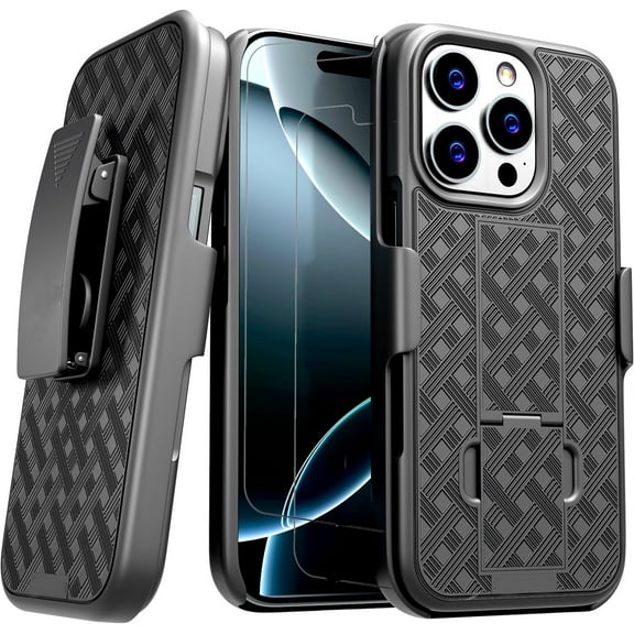 for iPhone 16 Pro Case with Tempered Glass Screen Protector(2pcs)Belt Clip Holster Rugged Combo Armor Shell Kickstand Swivel Shockproof Cover For iPhone 16 Pro 6.3"(Black)