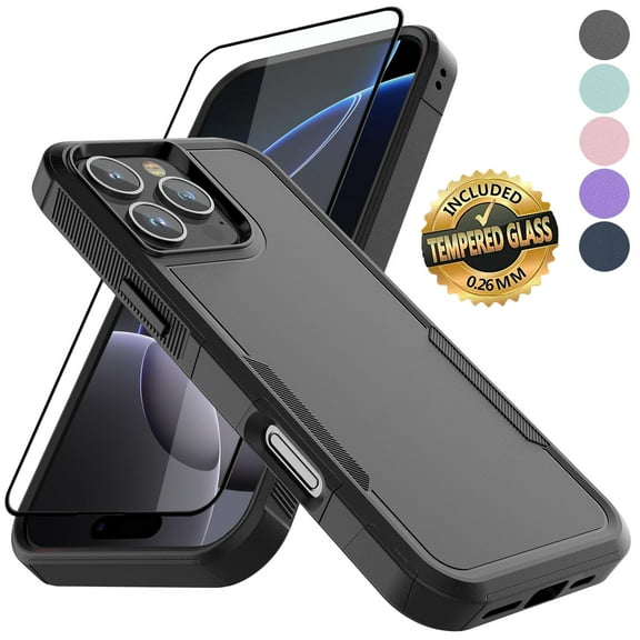 For iPhone 16 Pro Case with Tempered Glass Screen Protector, Tekcoo Dual Layer Shockproof Hybrid Protective Phone Case Heavy Duty Military Grade Rugged Cover for Apple iPhone 16 Pro 6.3" - Black