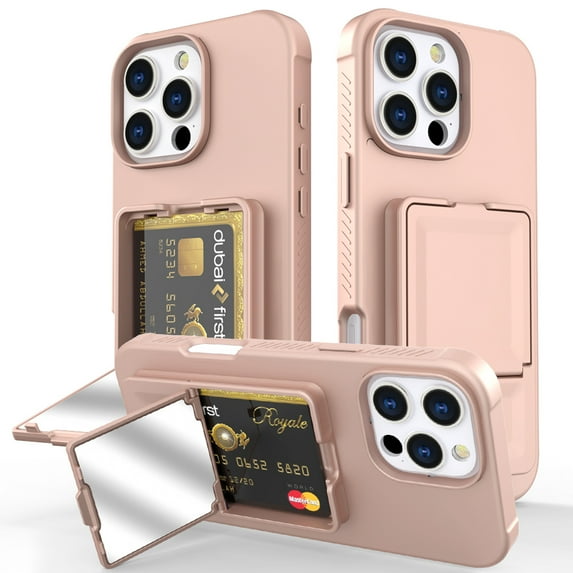 for iPhone 16 Pro Case Wallet, with Card Holder Slot (4-5 Cards), Built-in Make-up Mirror, Military Drop Protection, Rugged Heavy Duty Hybrid Protective Phone Case for iPhone 16 Pro, Rosegold