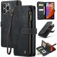 thumbnail image 1 of for iPhone 16 Pro Case, Wallet Case with Card Holder Kickstand Magnetic Zipper Pocket Lanyard Strap Wristlet,Leather Flip Case Wallet for iPhone 16 Pro, Black, 1 of 8