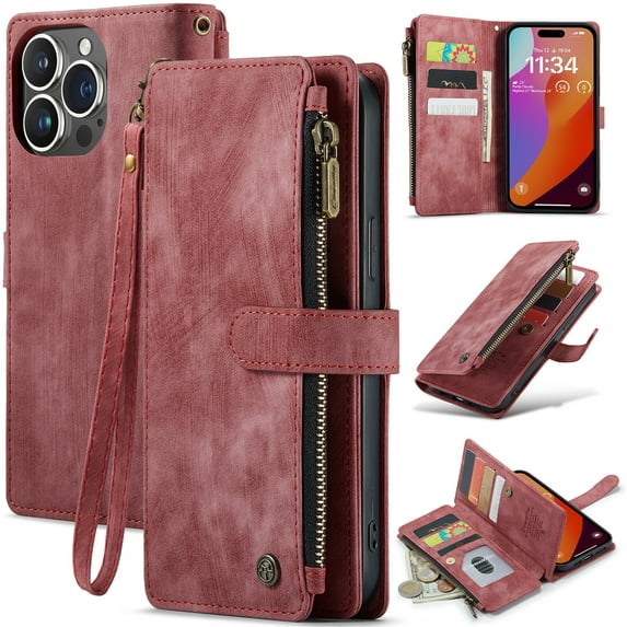 for iPhone 16 Pro Case, Wallet Case with Card Holder Kickstand Magnetic Zipper Pocket Lanyard Strap Wristlet,Leather Flip Case Wallet for iPhone 16 Pro, Red