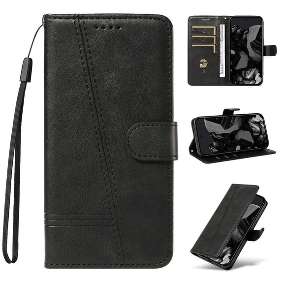 for iPhone 16 Pro Case Wallet for Men Women, Flip Folio Cover with PU Leather Kickstand Credit Card Slots Magnetic Wrist Strap Kickstand Protective Shockproof Phone Case Cover, Black
