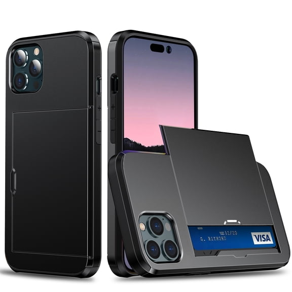 For iPhone 16 Pro Case Wallet with Slide Hidden Card Holder Slot Slim Dual Layer Heavy Duty Shockproof Hard PC Hybrid TPU Phone Case Kickstand Protective Cover,Black