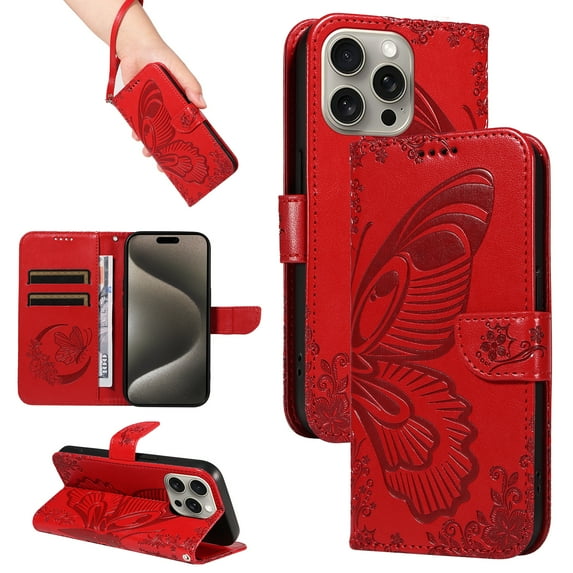 for iPhone 16 Pro Case Wallet for Women, Flip Folio Cover with Butterfly Pattern PU Leather Stand Card Holder Slots Wrist Strap Protective Phone Case for iPhone 16 Pro, Red