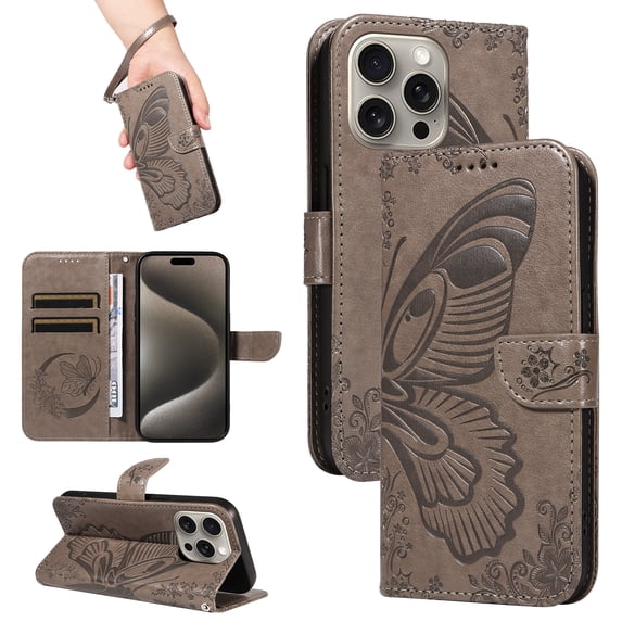 for iPhone 16 Pro Case Wallet for Women, Flip Folio Cover with Butterfly Pattern PU Leather Stand Card Holder Slots Wrist Strap Protective Phone Case for iPhone 16 Pro, Gray