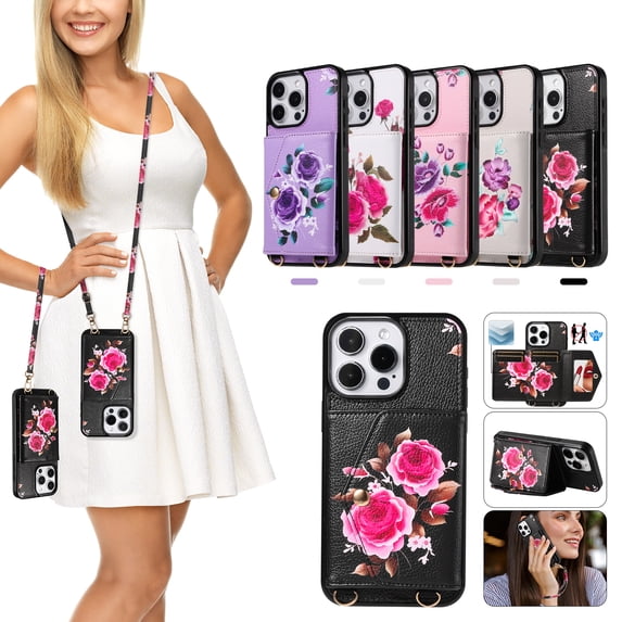 iPhone 16 Pro Case Wallet for Women Girls, Floral Case with Cards Holder & Makeup Mirror Hand Wrist Crossybody Shoulder Strap RFID Blocking Purse Cover Case for Apple iPhone 16 Pro,Black