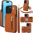 thumbnail image 1 of for iPhone 16 Pro Case Wallet for Women, Removable Adjustable Shoulder Strap Flip PU Leather Slim Back Zipper Purse Case with Card Slot Holder Stand RFID Blocking Magnetic Buttons, Brown, 1 of 8