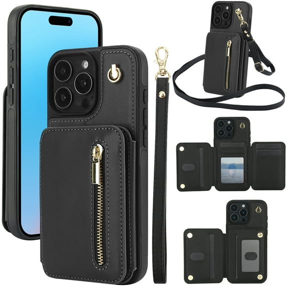 for iPhone 16 Pro Case Wallet for Women, Removable Adjustable Shoulder Strap Flip PU Leather Slim Back Zipper Purse Case with Card Slot Holder Stand RFID Blocking Magnetic Buttons, Black