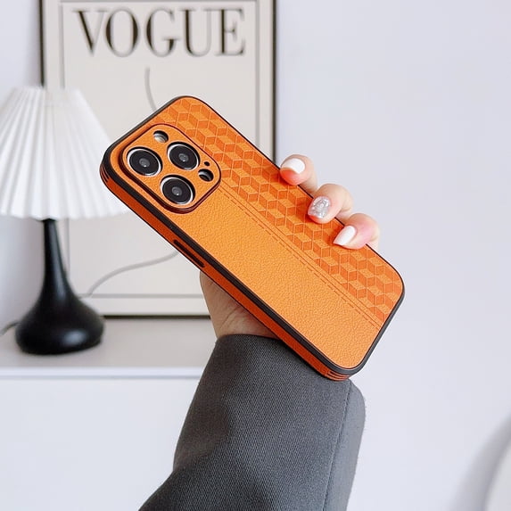 iPhone 16 Pro Case for Women Men, Slim Fit Stylish Diamond Pattern Back Cover Anti-Scratch Shockproof Bumper Premium PU Leather TPU Phone Case for Apple iPhone 16 Pro, Orange