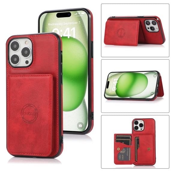 for iPhone 16 Pro, Classic PU Leather Case with Magnetic Clasp Card Slots Stand Function Durable Shockproof Soft TPU Phone Case Back Cover with Car Magnetic for iPhone 16 Pro, Red