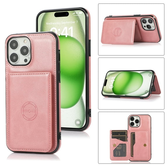 for iPhone 16 Pro, Classic PU Leather Case with Magnetic Clasp Card Slots Stand Function Durable Shockproof Soft TPU Phone Case Back Cover with Car Magnetic for iPhone 16 Pro, Rosegold