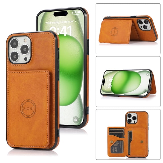 for iPhone 16 Pro, Classic PU Leather Case with Magnetic Clasp Card Slots Stand Function Durable Shockproof Soft TPU Phone Case Back Cover with Car Magnetic for iPhone 16 Pro, Yellow