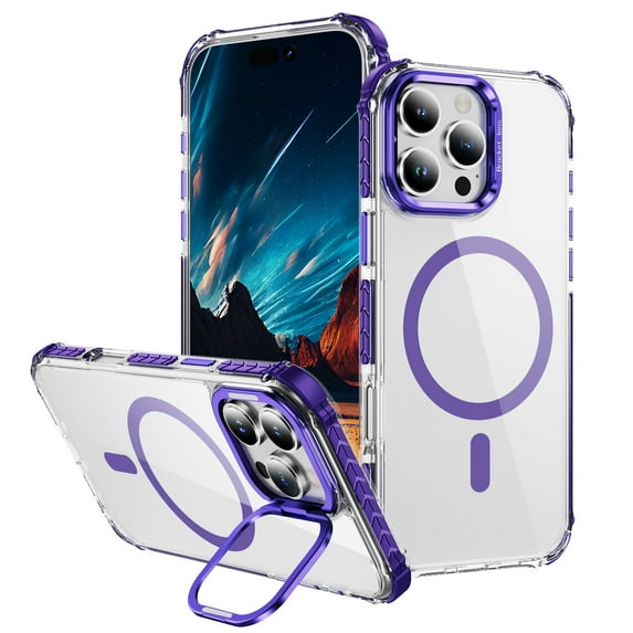 for iPhone 16 Pro Clear Case, Compatible with MagSafe, Built-in Camera Ring Stand, Clear Slim Drop Shockproof Full Body Protective Magnetic Phone Case Cover for iPhone 16 Pro, Purple