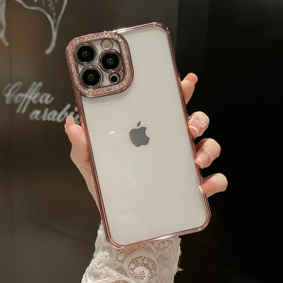 for iPhone 16 Pro Clear Case, Glitter Bling Rhinestone Camera Lens Frame Protection, Shockproof Military Grade Protection Lightweight Slim Soft Silicone Cover for iPhone 16 Pro, Rosegold