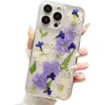 thumbnail image 1 of for iPhone 16 Pro Clear Case with Pressed Real Flower Design, Glitter Cute Purple Floral Green Leaf Pattern Slim Soft TPU Protective Women Girly Phone Cover for iPhone 16 Pro 6.3 inch, Purple, 1 of 16