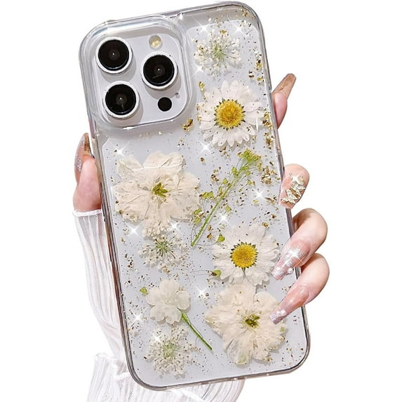 for iPhone 16 Pro Clear Case with Pressed Real Flowers Design, Glitter Cute White Floral Pattern Slim Soft TPU Protective Women Girly Phone Cover for iPhone 16 Pro 6.3 inch, White/Gold