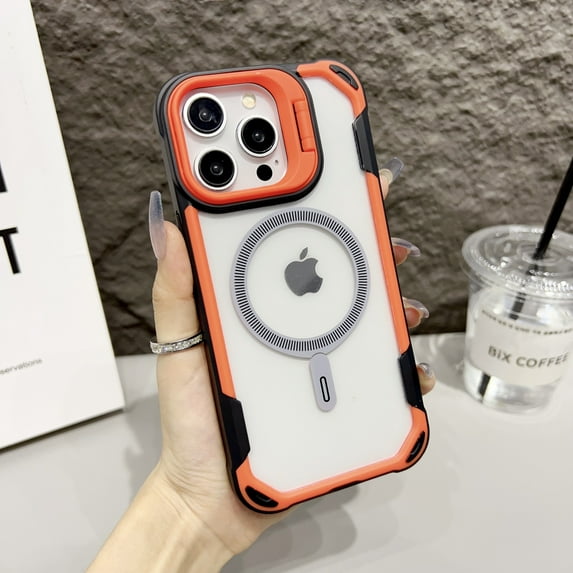 for iPhone 16 Pro Clear Phone Case, Compatible with MagSafe + Camera Kickstand Guard, Military-Grade Protective Shockproof Slim Fit Scratch-Resistant Transparent Case Cover - Orange