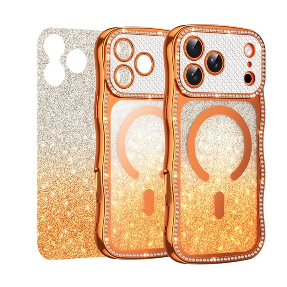 for iPhone 16 Pro Compatible with MagSafe Case, Sparkling Rhinestone Design, Wave-shaped Frame Stylish Glitter PC+TPU Shockproof Anti-Scratch Ultra Slim Lightweight Phone Cover, Orange