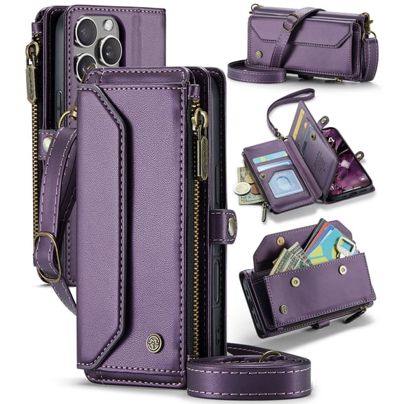 For iPhone 16 Pro Crossbody Wallet Case, with 10 Card Slots, Zipper RFID Blocking Pocket and Magnetic Flip Folio 3-in-1 PU Leather Wristlet Shoulder Strap Case,Purple