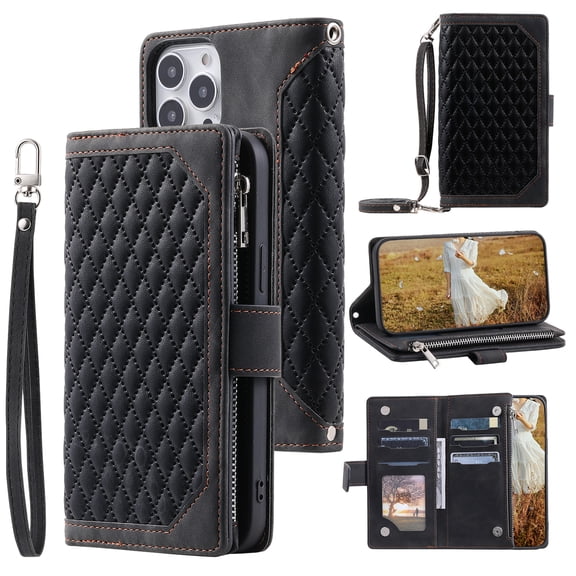 for iPhone 16 Pro Crossbody Wallet Case Flip Stand PU Leather RFID Blocking Card Slots Shockproof Magnetic Closure Zipper Pocket with Detachable Hand Strap&Shoulder Strap Cover, Black