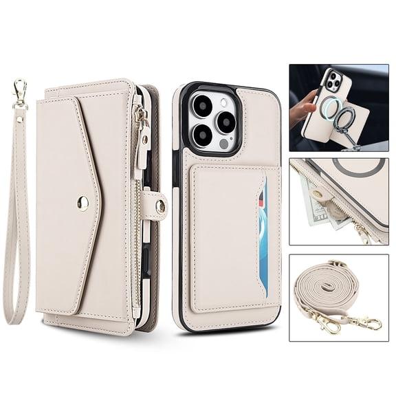 For iPhone 16 Pro Crossbody Wallet Phone Case,Magnetic Detachable Flip,With Shoulder Strap&Wrist Strap,Zipper Pocket,Card&Cash Slots,PU Leather Shockproof Rugged Phone Case,White