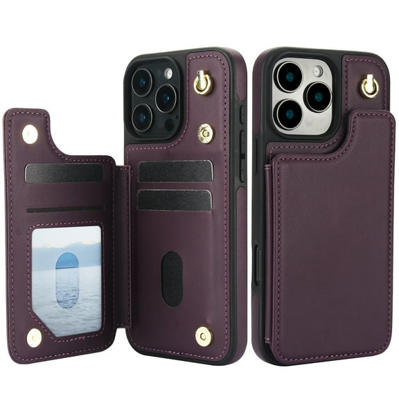 For iPhone 16 Pro Crossbody Wallet Phone Case,With Shoulder Strap,Card Slots,Back Double Magnetic Clasp PU Leather Flip Kickstand,Durable Shockproof Anti-fall Phone Case Cover,Darkpurple