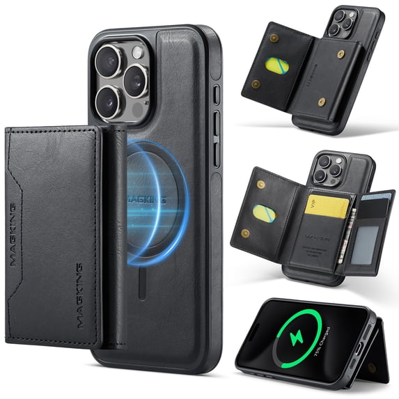 for iPhone 16 Pro Detachable Magnetic Wallet Case with RFID Blocking Card Slots, PU Leather Kickstand Cover with Magnetic Clasp, Shockproof Drop Protective Classic Flip Case, Black