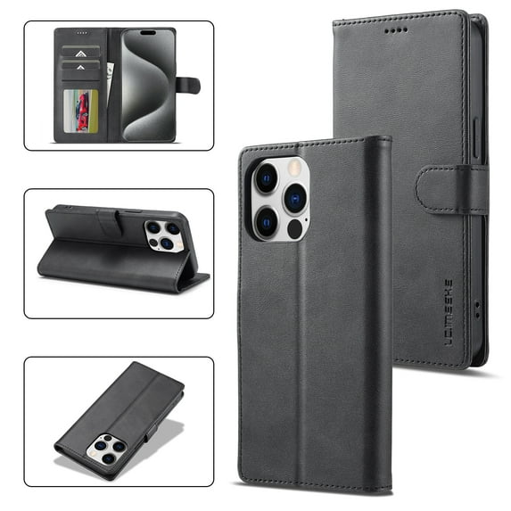 for iPhone 16 Pro Flip Wallet Case, Classic Card Slots Kickstand Strong Magnetic Premium PU Leather Drop Protective Shockproof Phone Case for iPhone 16 Pro, Black