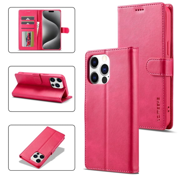for iPhone 16 Pro Flip Wallet Case, Classic Card Slots Kickstand Strong Magnetic Premium PU Leather Drop Protective Shockproof Phone Case for iPhone 16 Pro, Rose