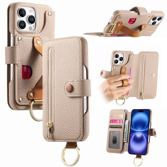 for iPhone 16 Pro Folio Flip Wallet Case, PU Leather Zipper Pocket Card Slots RFID Blocking Wristband Bracket, with Diamond Finger Ring Full Body Protection for iPhone 16 Pro - Khaki