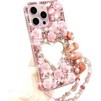 for iPhone 16 Pro Glitter Bling Case, Cute 3D Sparkle Heart Makeup Mirror Crystal Rhinestones Flowers Diamond Gems Pearl with Lanyard Wrist Strap Women Girls Case for iPhone 16 Pro 6.3", Pink