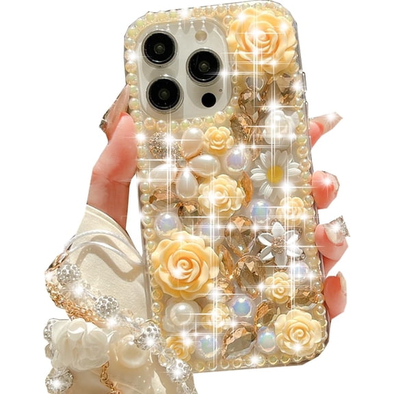 for iPhone 16 Pro Glitter Bling Case, Cute Luxury 3D Sparkle Crystal Rhinestone Flowers Shiny Gems Diamond Pearl with Lanyard Wrist Strap Women Girls Phone Case for iPhone 16 Pro 6.3" (Gold)
