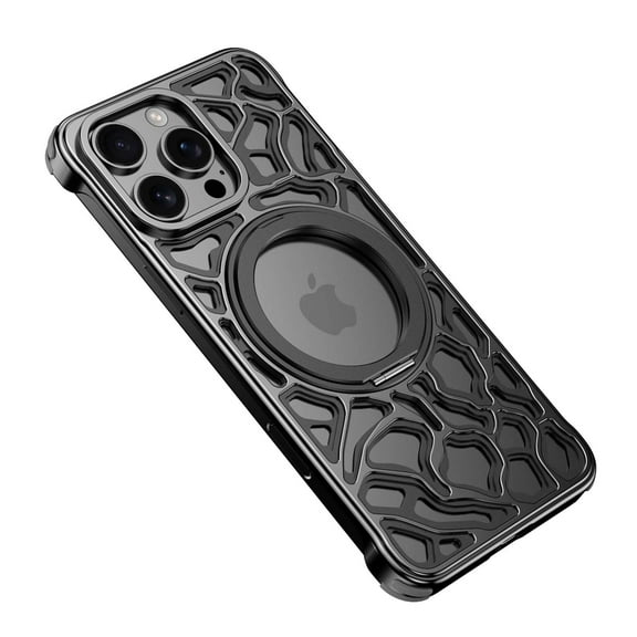 for iPhone 16 Pro Heat Dissipation Case,Frameless Metal with Stand,Irregular Rock Inspired Designing,360°Rotating Ring Kickstand Protective Cover,Slim Shockproof Thin Bumper Case,Black