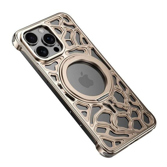 for iPhone 16 Pro Heat Dissipation Case,Frameless Metal with Stand,Irregular Rock Inspired Designing,360°Rotating Ring Kickstand Protective Cover,Slim Shockproof Thin Bumper Case,Desertgold