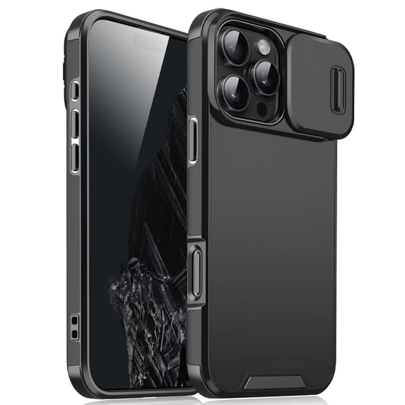 for iPhone 16 Pro Heavy Duty Case with Camera Sliding Cover, Support Wireless Charging Hybrid TPU & PC Smoothly Anti-Fingerprint Slim Case Compatible with iPhone 16 Pro, Black