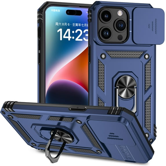 iPhone 16 Pro Kickstand Armor Case with Slide Camera Lens Protection Cover Built-in 360° Rotate Ring Holder Stand Magnetic Military Shockproof Phone Cover Case for iPhone 16 Pro,
Blue