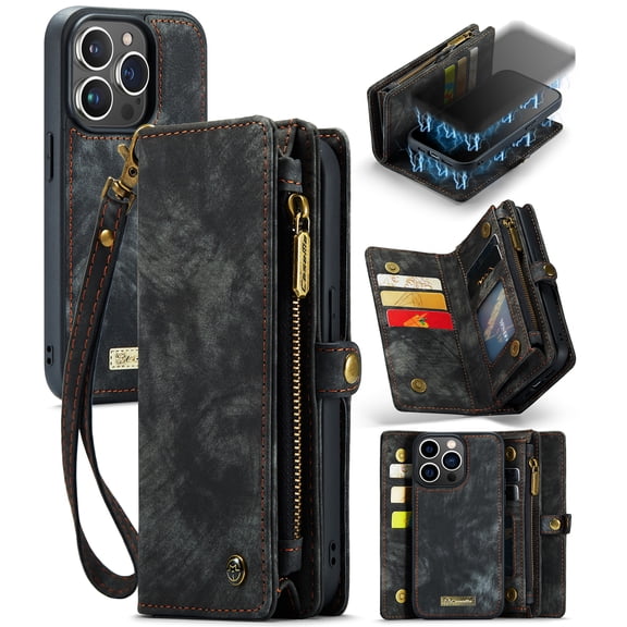 iPhone 16 Pro Leather Detachable Wallet Zipper Case with 8 Card Slots Holder Magnetic case for iPhone 16 Pro Flip Wallet Handle Wrist Strap Shockproof Pocket Handbag,
Black